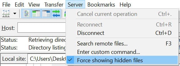 Showing hidden files in FileZilla