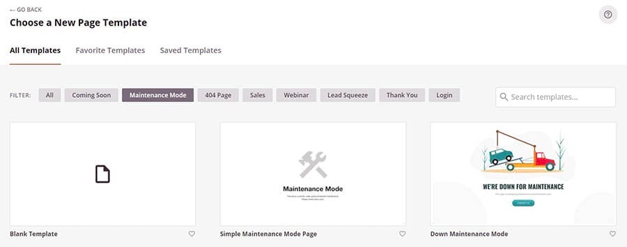 Selecting a template for the maintenance mode page in SeedProd
