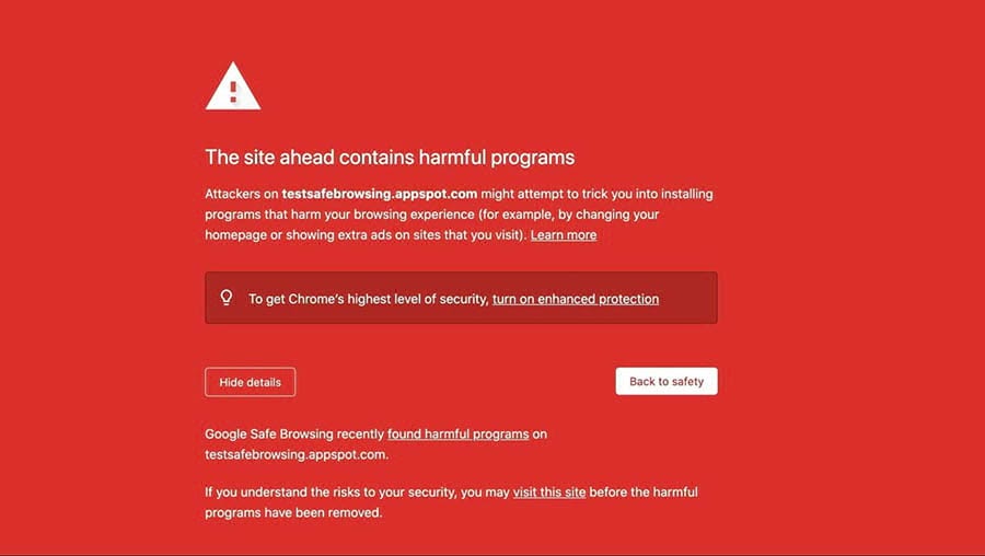 “The site ahead contains harmful programs” warning.