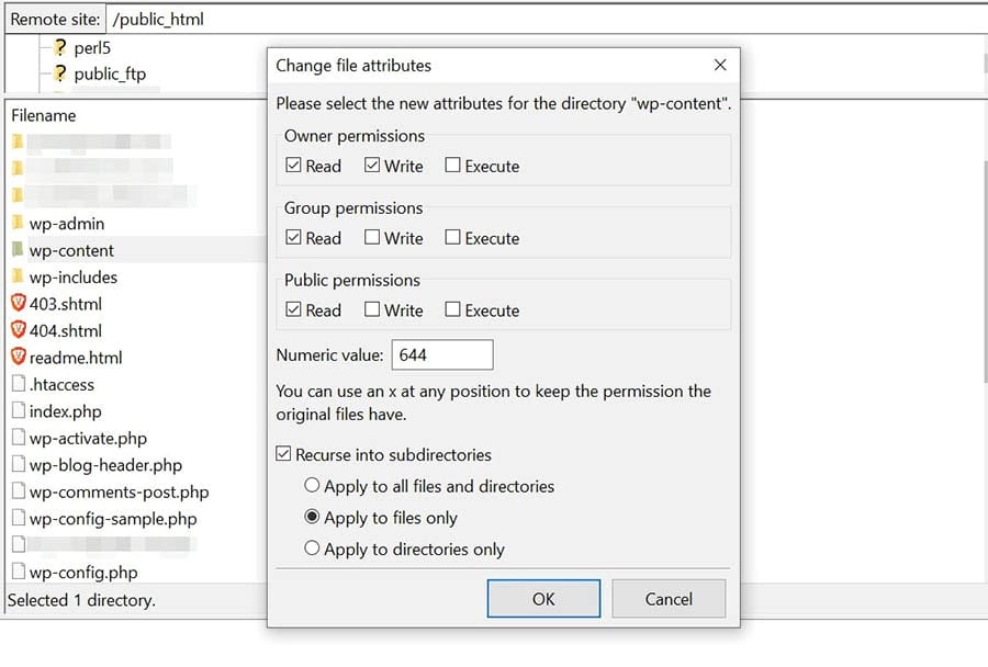 Changing the file permissions of your files in FileZilla.