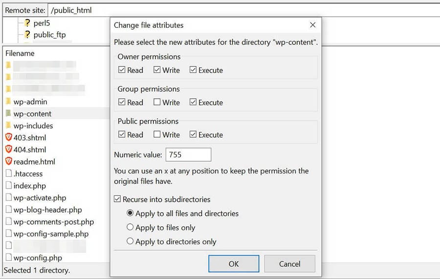 Cambiando los permisos de archivo en tus subdirectorios en FileZilla.