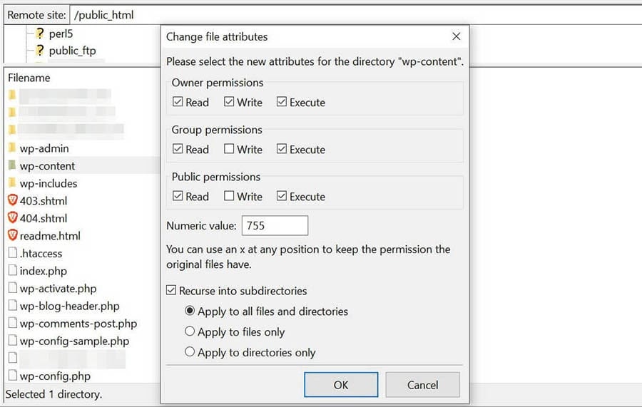 Changing the file permissions of your subdirectories in FileZilla.