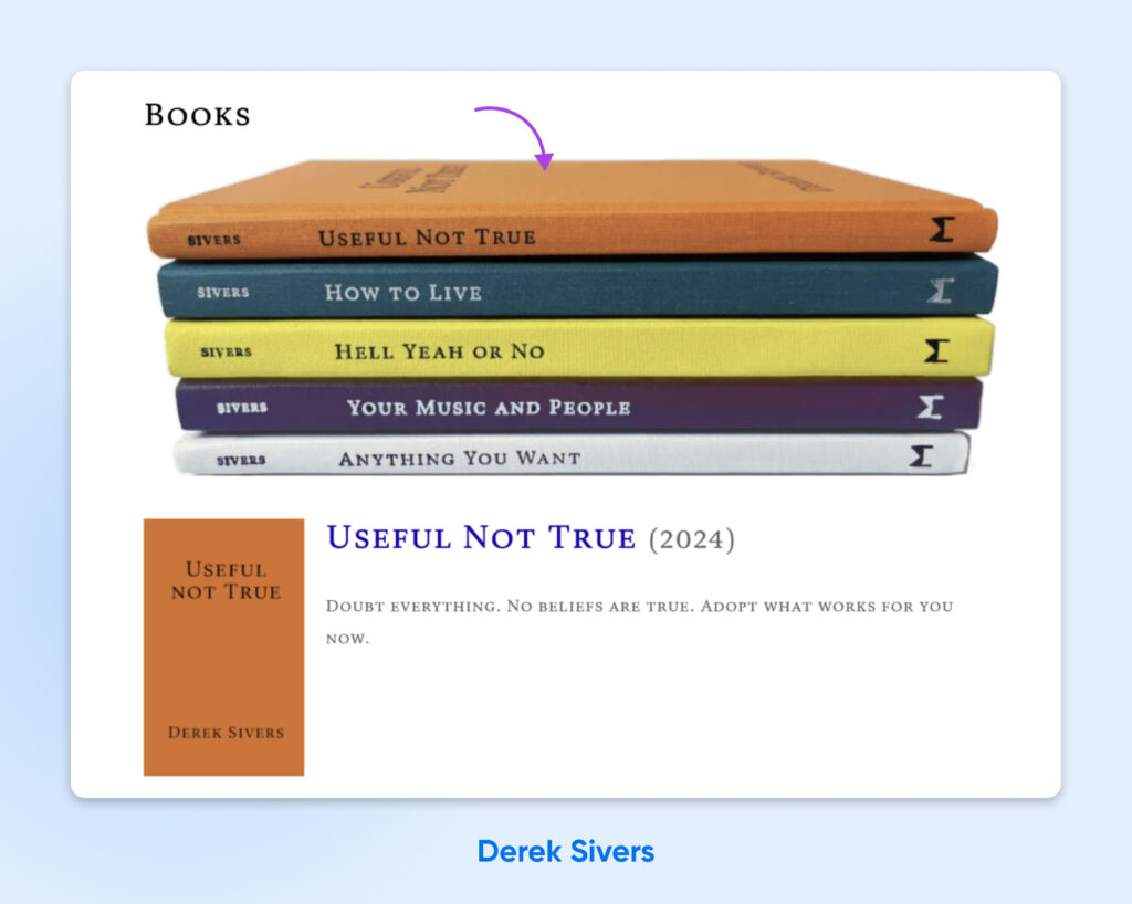 ChatGPT said:
Pila de cinco libros de Derek Sivers, destacando “Useful Not True” (2024) con el mensaje: duda de tus creencias, adopta lo que funcione para ti.