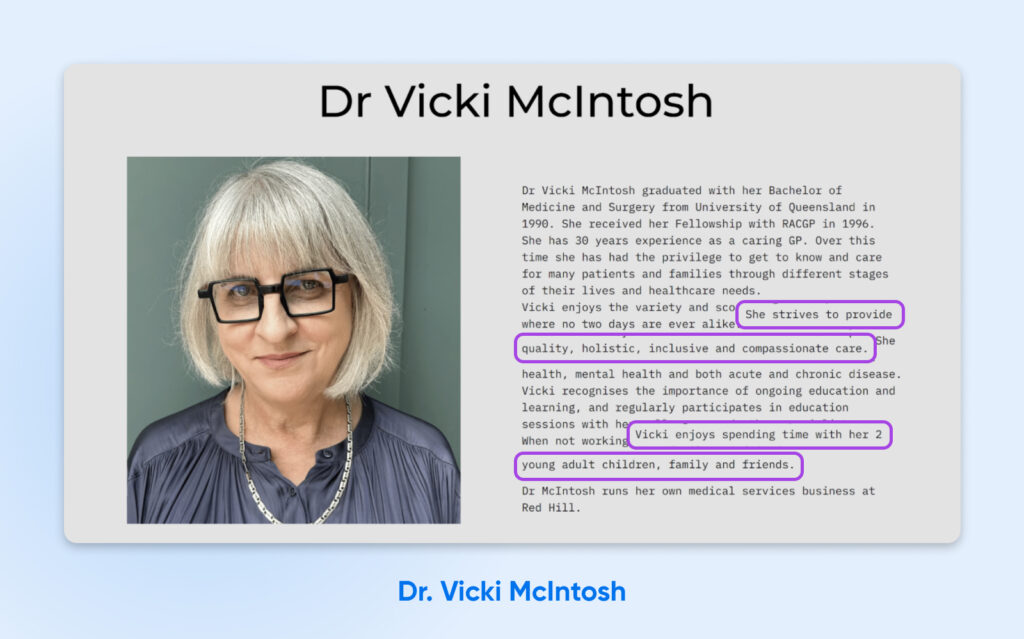 Retrato de la Dra. Vicki McIntosh junto a una biografía que destaca su atención compasiva como médica general, 30 años de experiencia y su gusto por pasar tiempo con su familia y sus hijos adultos.