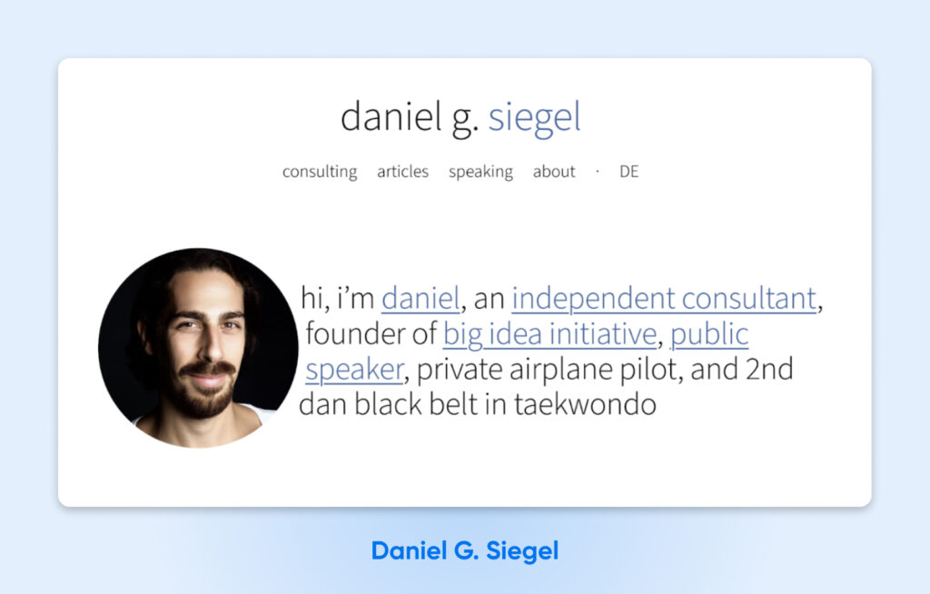 ChatGPT said:
Perfil de Daniel G. Siegel, consultor independiente, fundador, conferencista, piloto y cinturón negro de taekwondo, con una foto de perfil circular y texto de introducción.