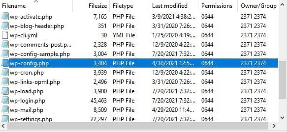 Locating the wp-config.php file using FileZilla.