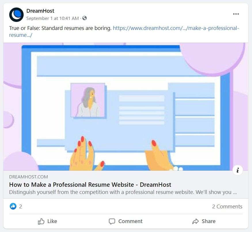 An image of a DreamHost blog article with a thumbnail image shared on Facebook.