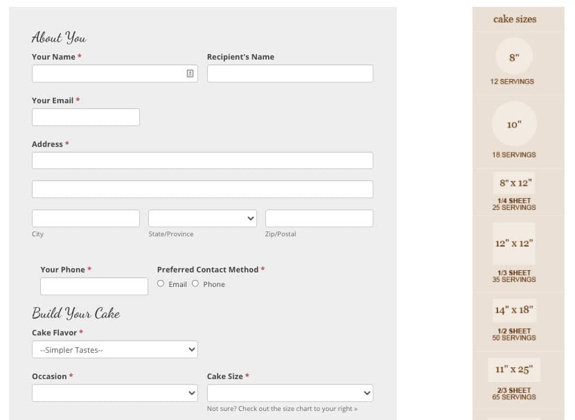 Formulario de órdenes en línea de JCakes para pedidos personalizados.