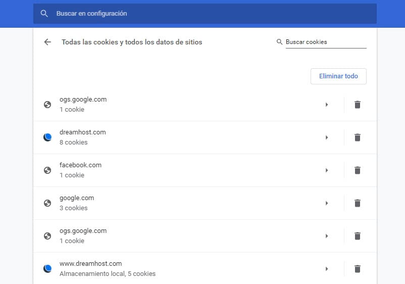 Una lista de cookies en un navegador Google Chrome. 