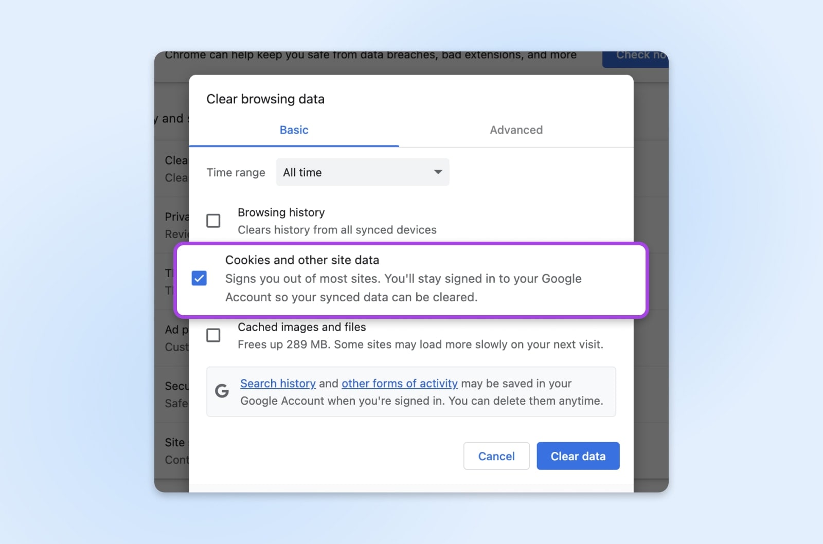 Chrome's 'Clear browsing data' window with the 'Cookies and other site data' box selected.