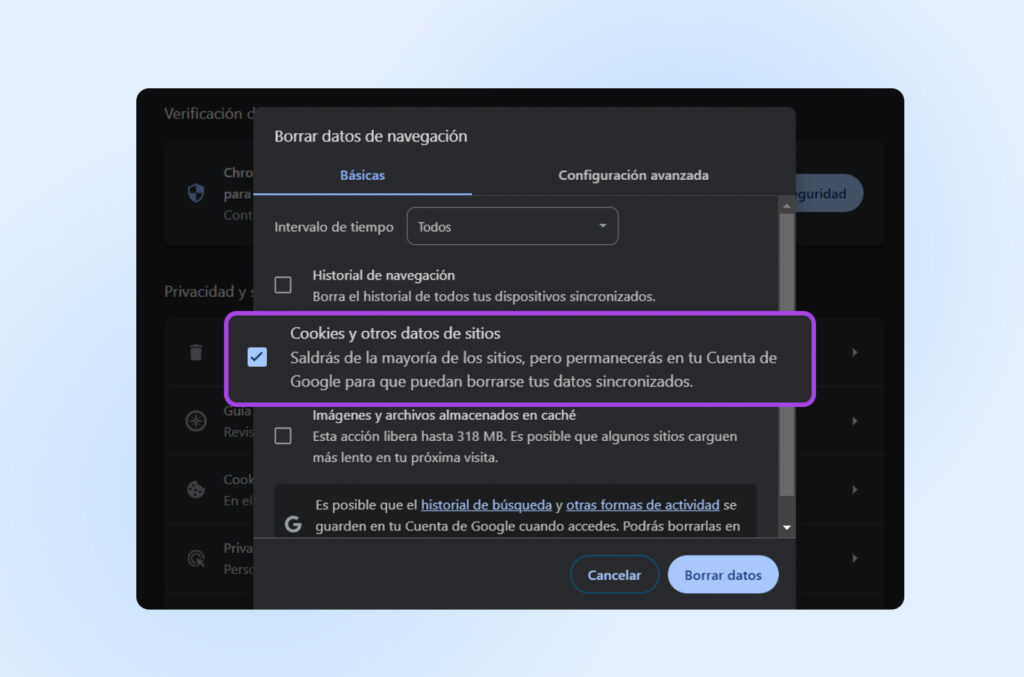 Captura de pantalla del menú "Borrar datos de navegación" de Chrome con la opción de sección "Cookies y otros datos de sitios" seleccionada con una marca de verificación.