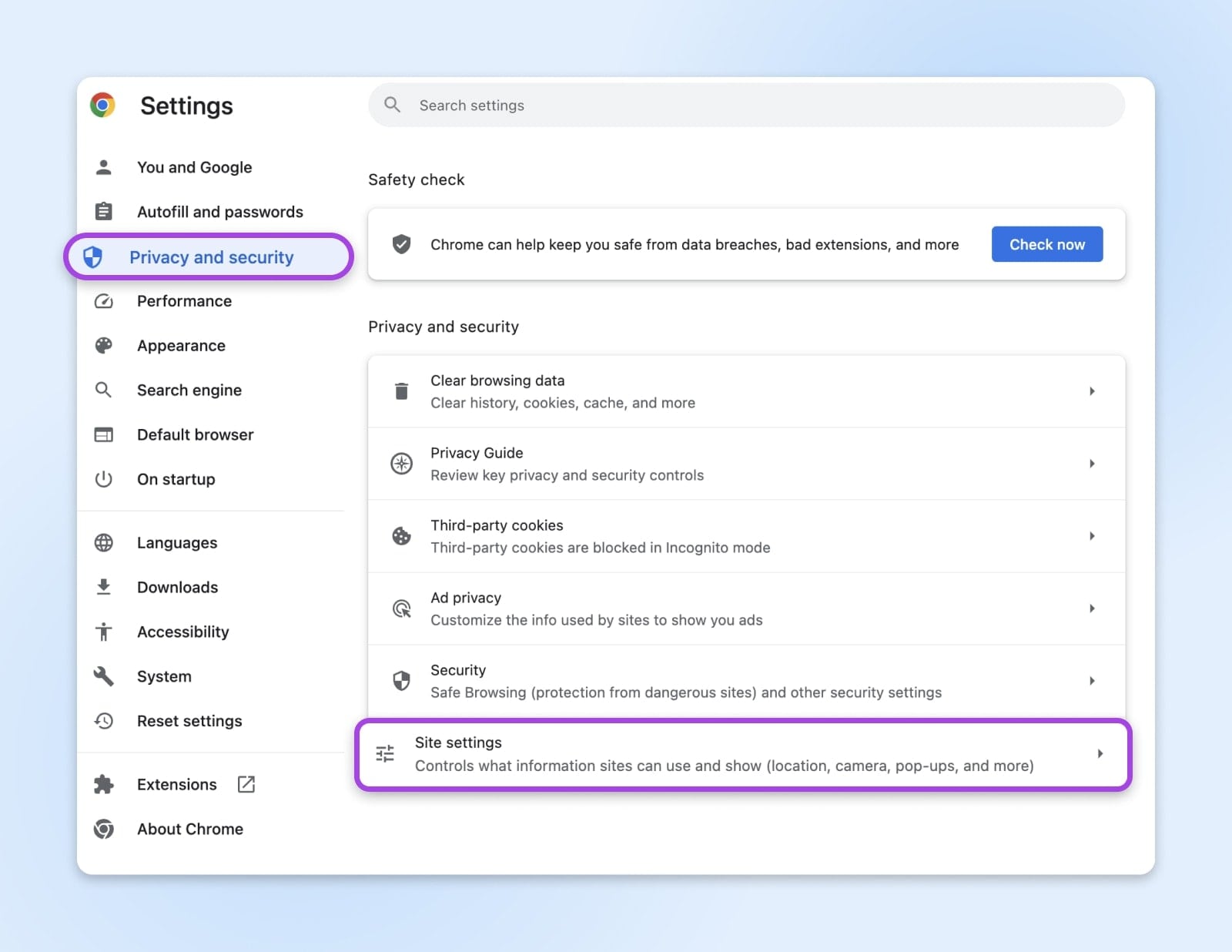 'Privacy and security' tab on the Google Chrome Settings window with 'Site settings' annotated.