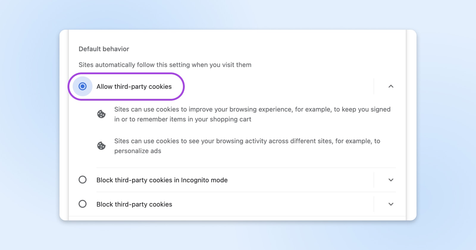 Chrome's 'Default behavior' dialog box with the 'Allow third-party cookies' option selected.