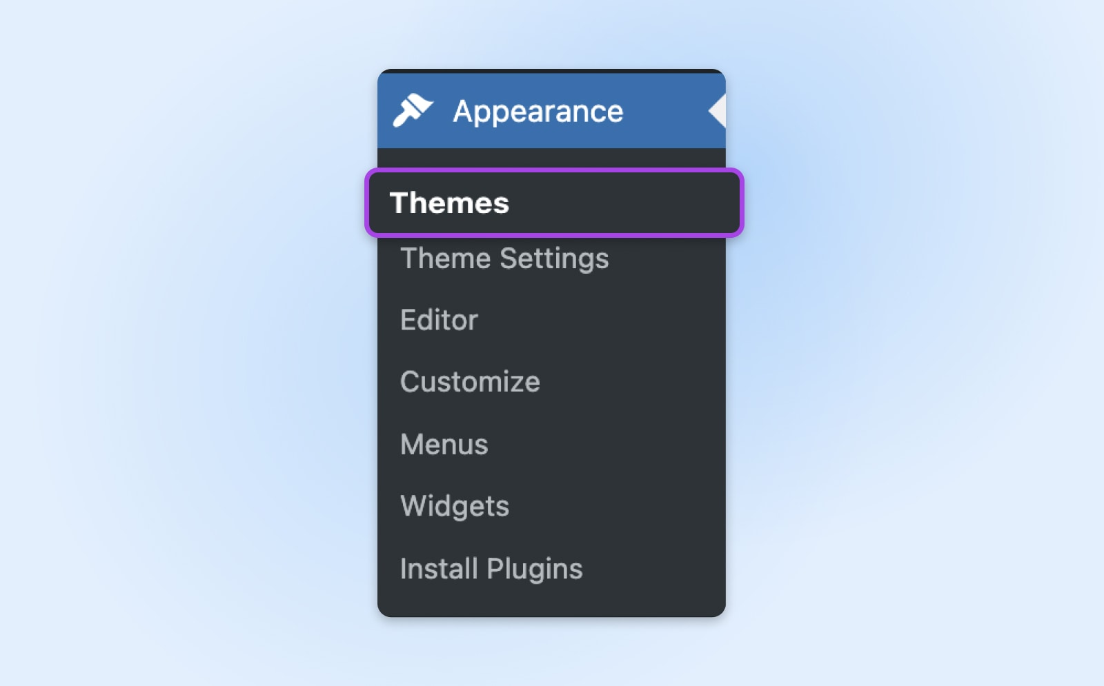 'Appearance' tab selected and 'Themes' chosen from the drop-down menu with options also for menus and widgets.