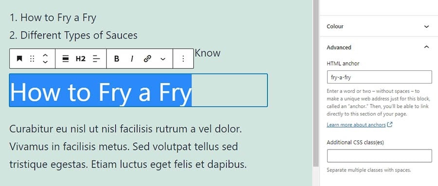 Adding an HTML anchor using the Block Editor.
