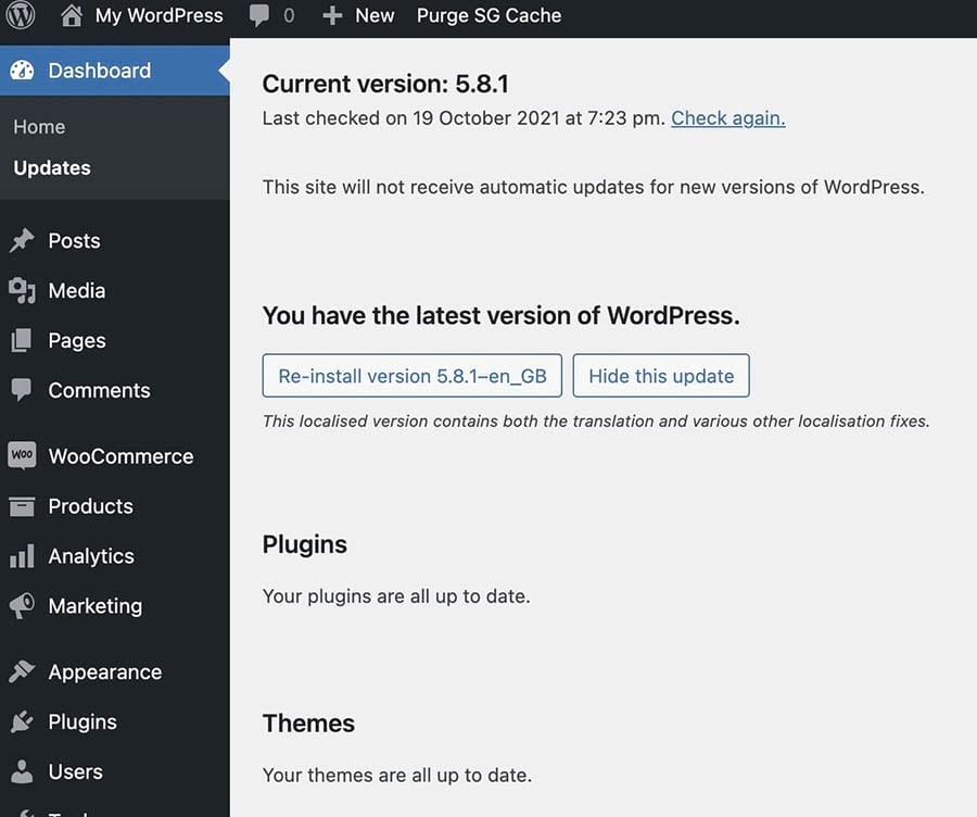 Accessing updates in the WordPress dashboard.
