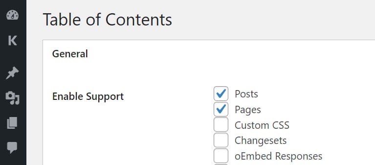 Configuring the Easy Table of Contents plugin.