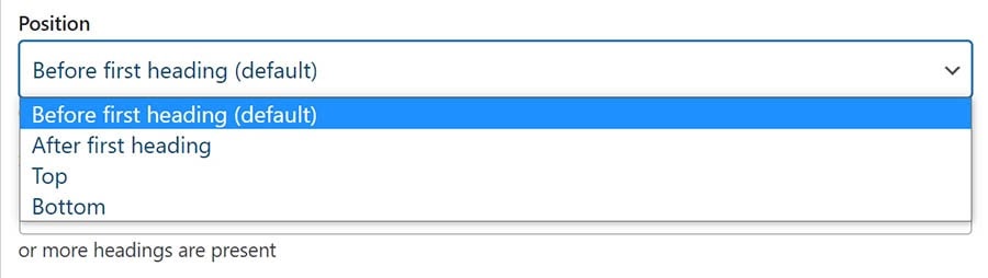 Configuring where to display your table of contents.