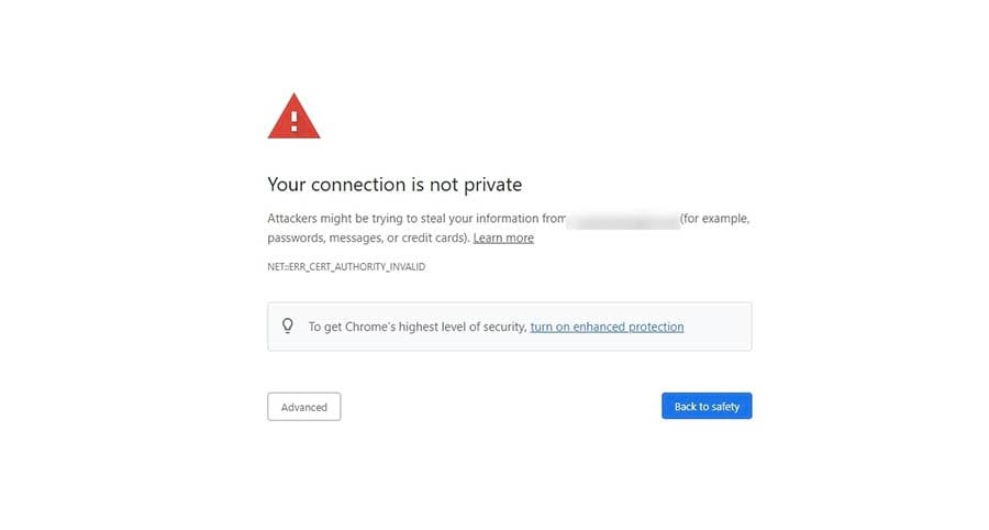 A “Your connection is not private” warning message in Google Chrome.