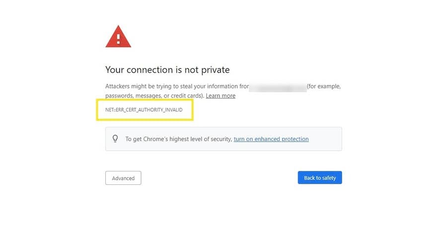 A CERT: ERR_AUTHORITY_INVALID error message in Chrome.