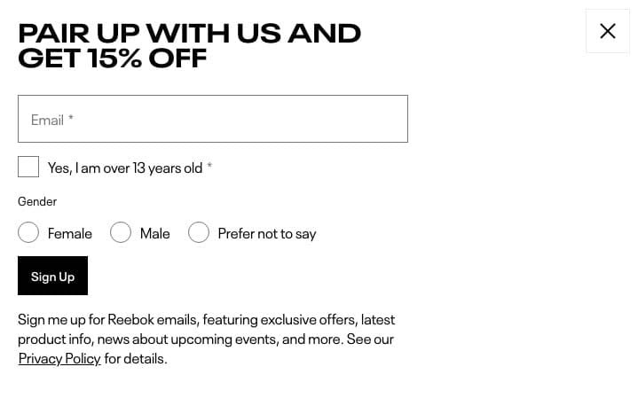 The Reebok sign-up form offering a discount