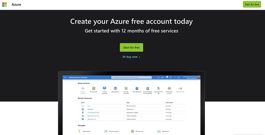 La página inicial de Microsoft Azure