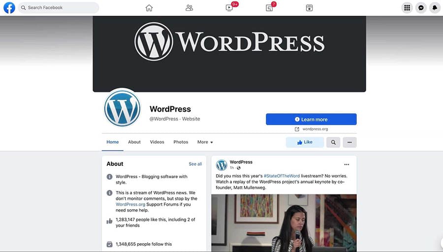 El sitio del grupo oficial de WordPress en Facebook.