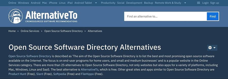 Encontrando alternativas open-source, usando el sitio web AlternativeTo.