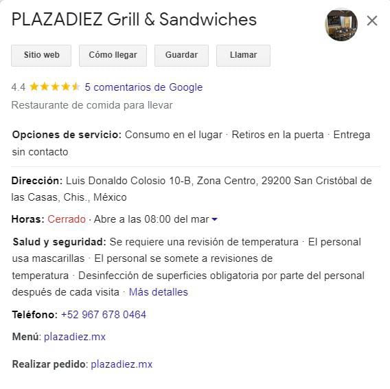 Perfil de Google Business de Plaza Diez Grill & Sandwiches