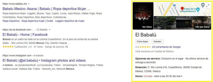Panel de conocimiento de Google con el Perfil de Business de El Babalú.