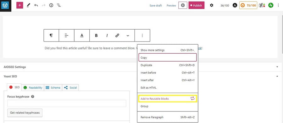 Seleccionando Add to Reusable Blocks en el menú de opciones del editor