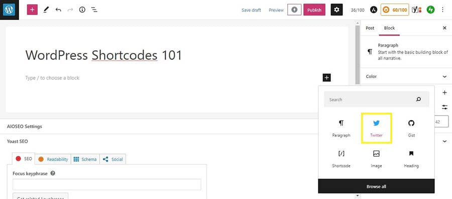 Seleccionando el bloque de Twitter en el menú de bloques de Gutenberg