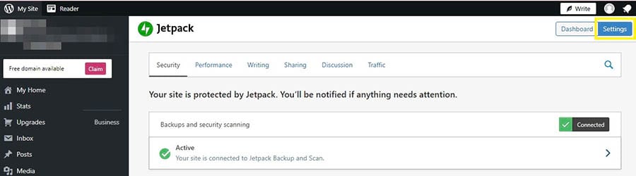 Accediendo las configuraciones de Jetpack desde el panel de WordPress