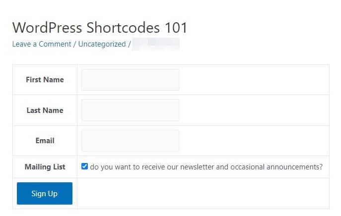 Formulario de contacto insertado en la publicación final de WordPress
