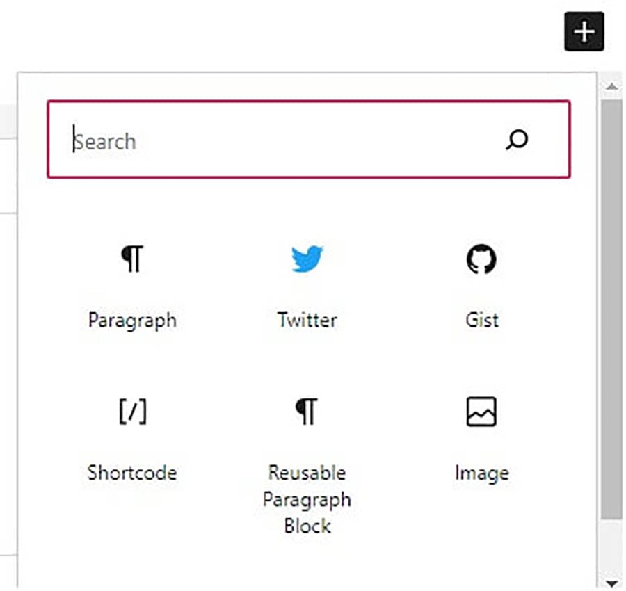 Accediendo el Bloque de Shortcode en el menú de bloques de Gutenberg.