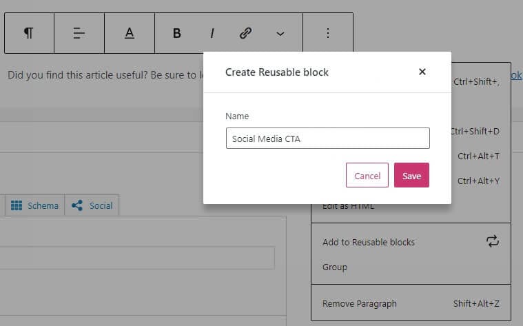 Nombrando un Reusable Block como un CTA de redes sociales