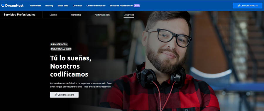 Página inicial Servicios Profesionales de DreamHost