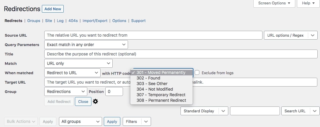 Redirection plugin advanced options screen