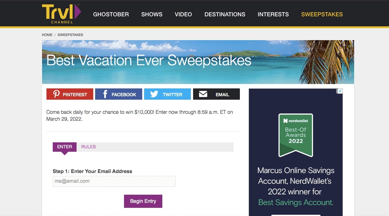 example of online sweepstakes web page