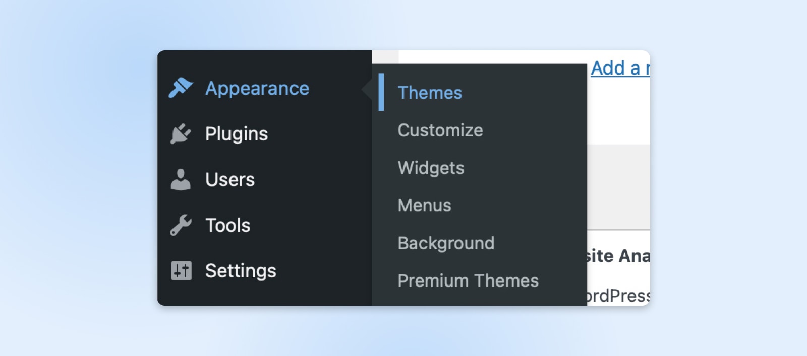 wordpress sidebar nav showing you can find themes under appearance 