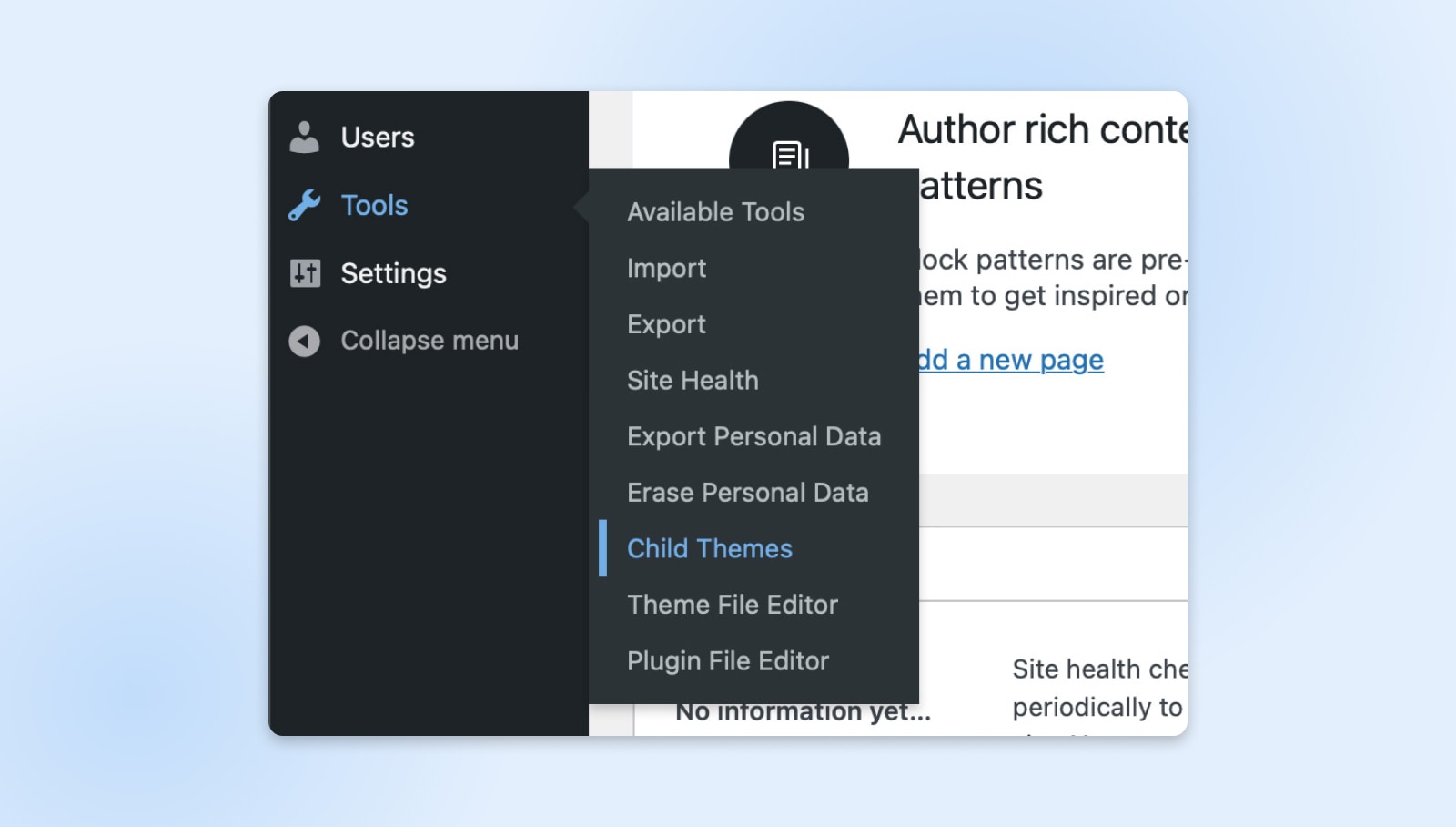 wordpress menu showing the nav bar where you can find "child themes" in "tools" 
