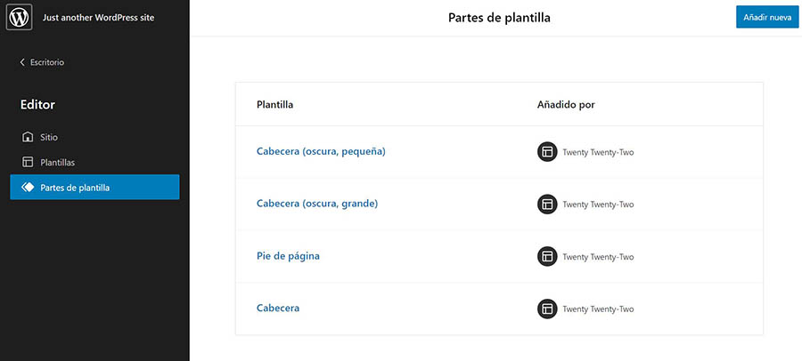 Partes de plantilla de Site editor
