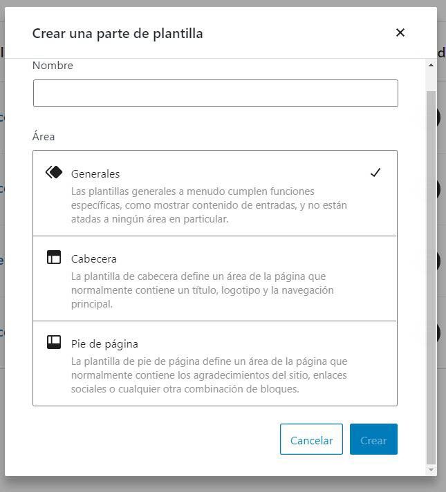 Nueva parte de plantilla en el Site editor 