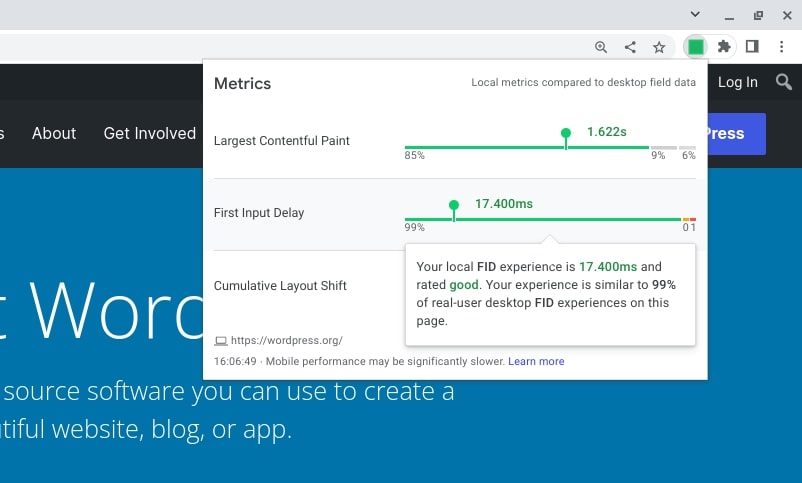 Core Web Vitals browser plugin