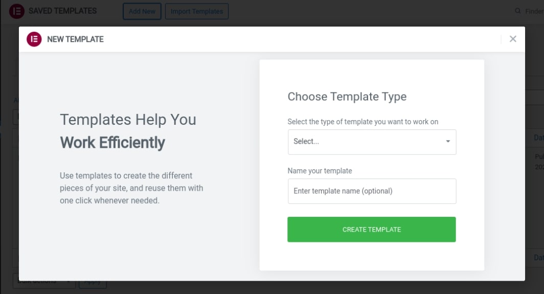 Elementor create a new template