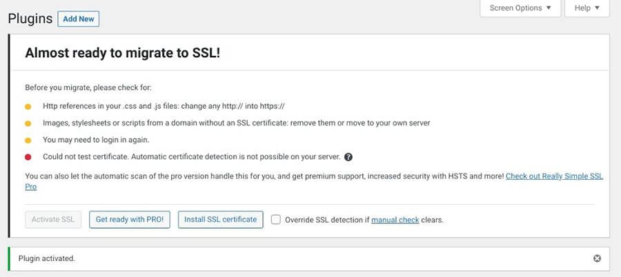 La configuración del plugin Really Simple SSL. 