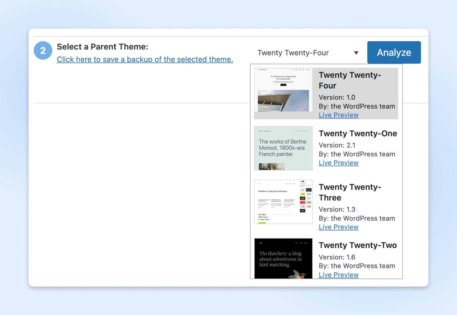 step 2: select a parent theme showing a search bar which "Twenty Twenty-Four" entered all all four versions of Twenty Teenty displaying as search results 