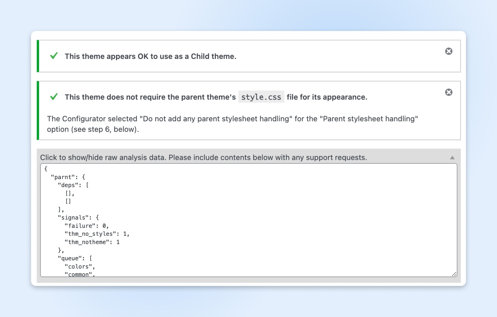 screenshot of the analysis page showing a check mark that this theme appears OK to use as a child theme and the relevant code