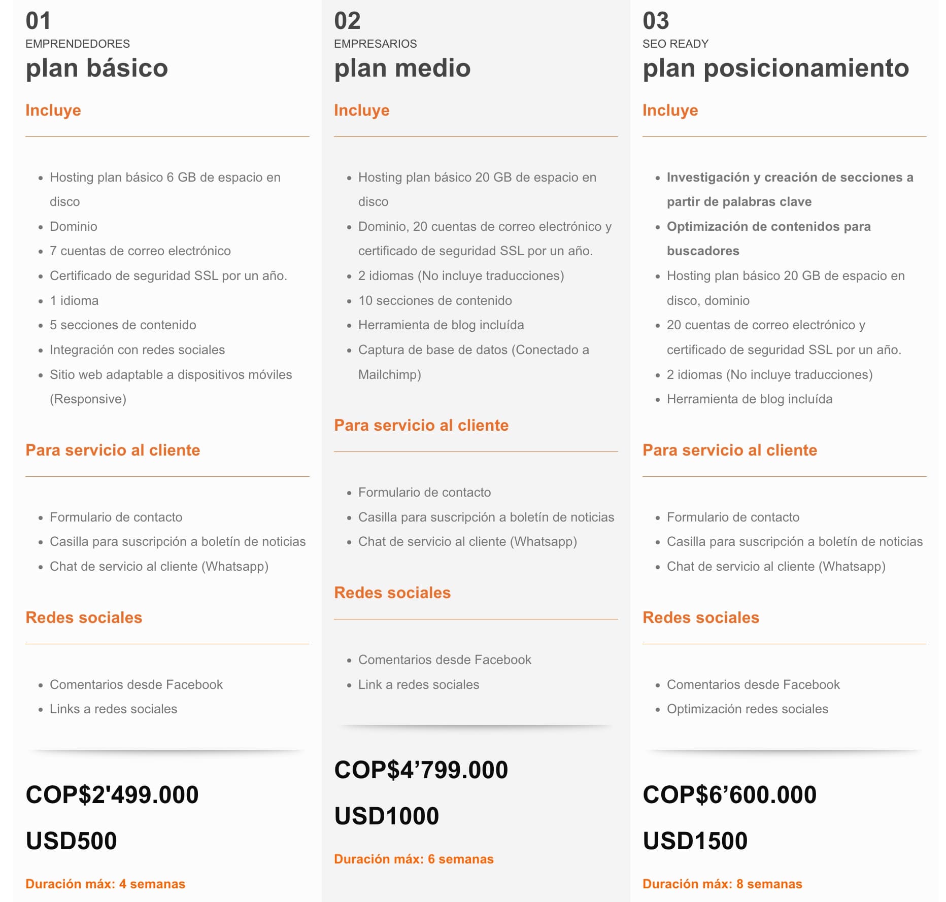 Planes de desarrollo de WordPress en dólares estadounidenses y pesos colombianos