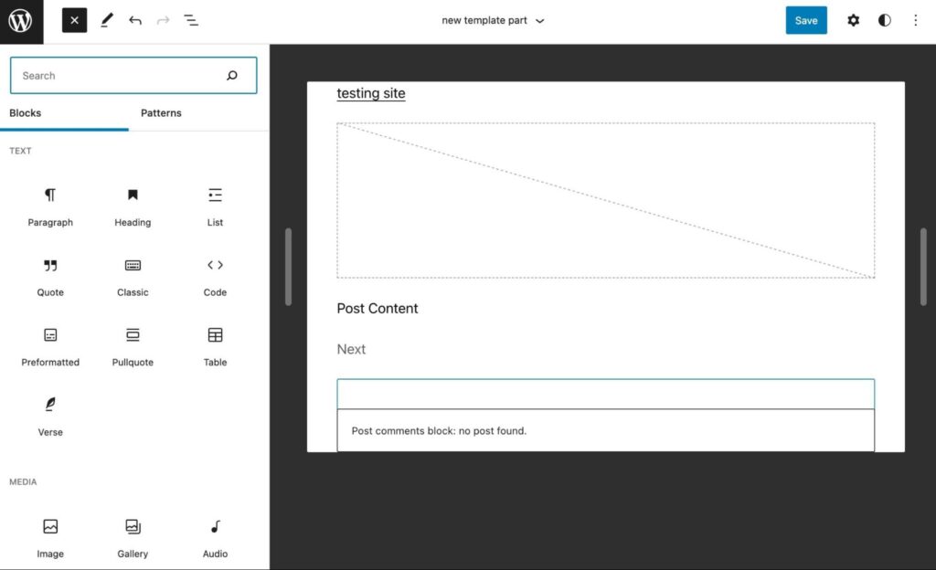 adding blocks to a new template part in WordPress